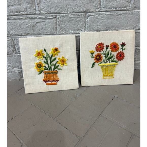Vintage Embroidered Floral Artwork Set of Two - Picture 1 of 6